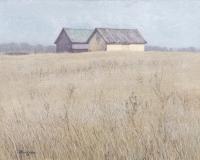 Acrylic painting of 2 barns in background, behind them is a blue sky, in front is a field.