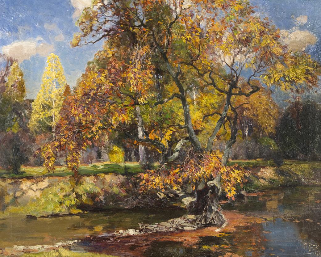 Oil on canvas painting of a shallow, almost dry, creek bed with a tree in it.