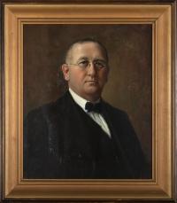 Oil painting of a man wearing glasses from the chest up.