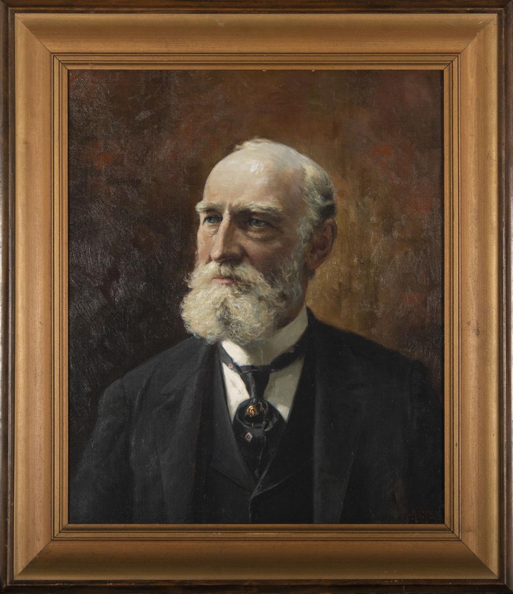 OIl painting of a man with a white beard from the chest up.