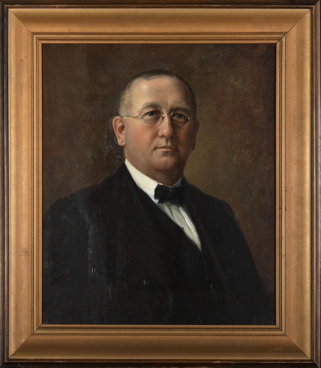 Oil painting of a man wearing glasses from the chest up.