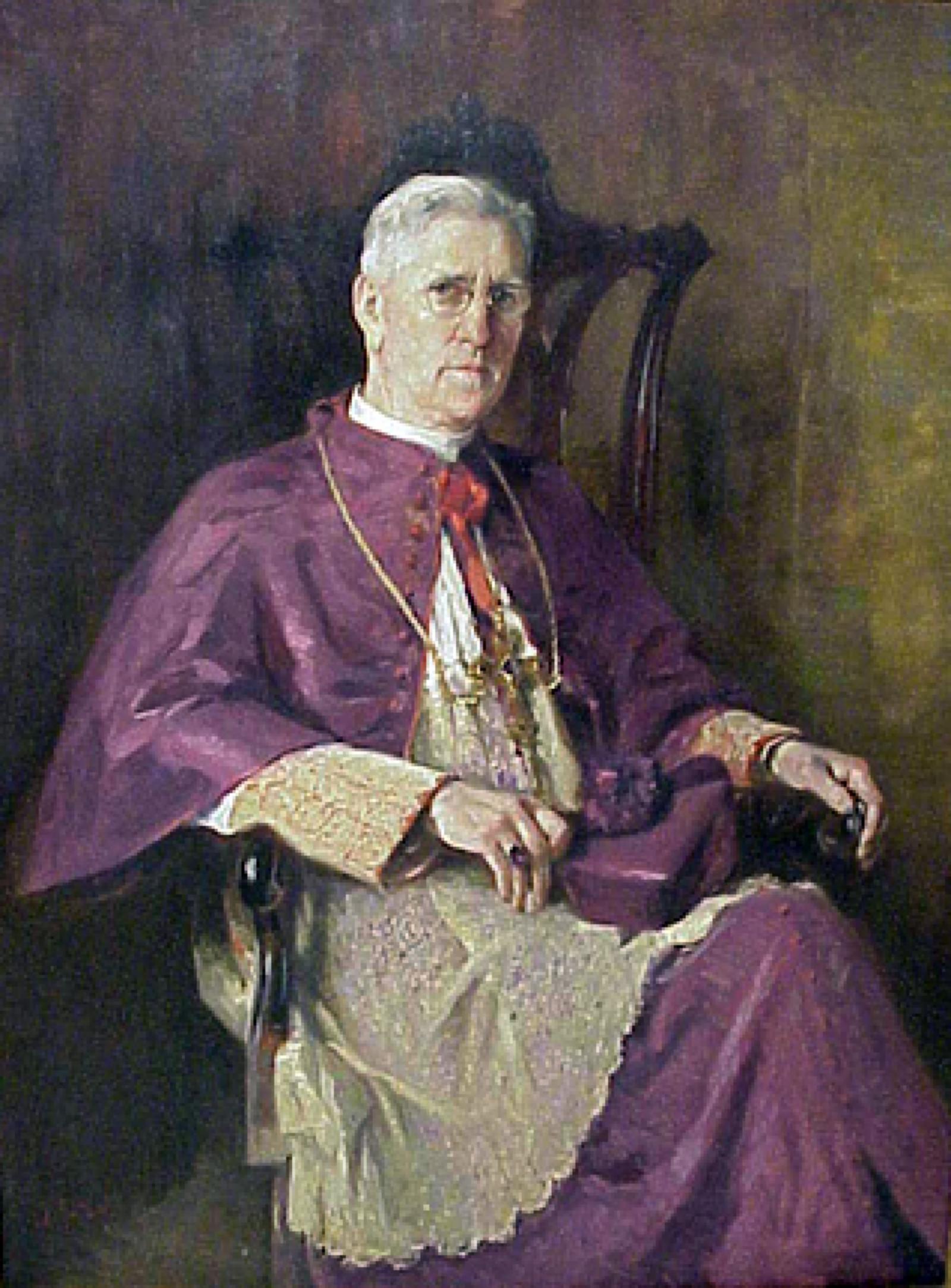A painting of Bishop Kelly wearing a white and purple cassock and alb.