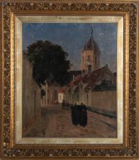 A painting of a stone street. The street bends towards the left of the image. There are two nuns with large white…
