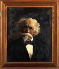 A painted portrait of Joseph G. Fisher from the chest and up. He is looking forward. His head is slightly tilted to the…