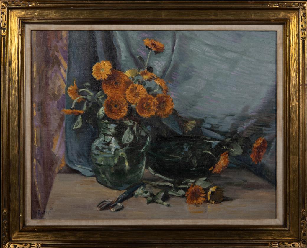 Oil painting on canvas of several orange calendulas in a glass pitcher.