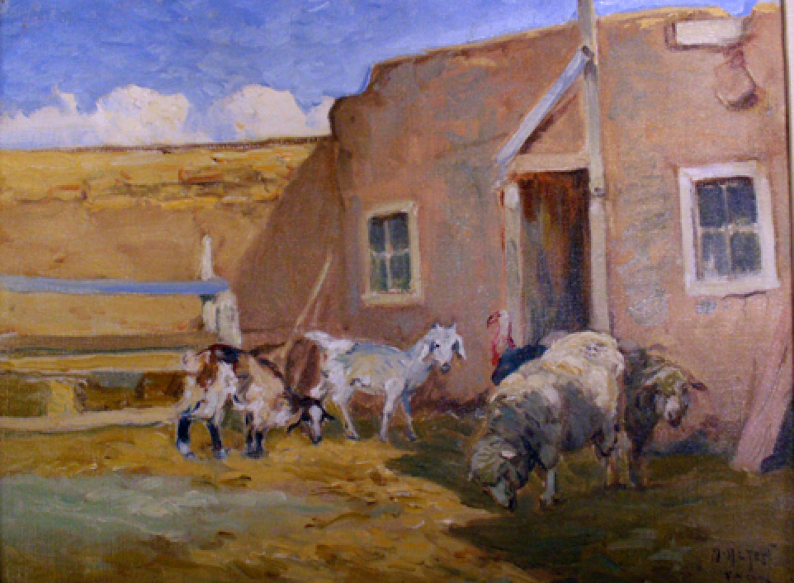Small barnyard scene with animals including sheep, goats and a turkey.