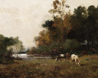 Cows Grazing By A River, In An Early Autumn Landscape