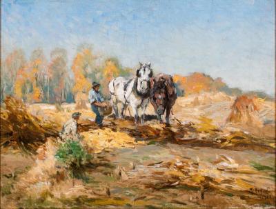 Farmers and Horses in a Field