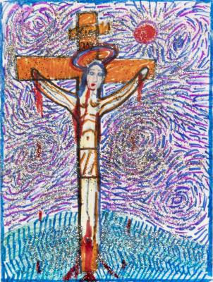 Christ on Cross with Hands Bleeding, Halo, Sun in Sky and 'King' Inscribed on Sign Above Head