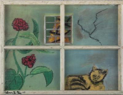 Cat, Flowers and Painting in a Window Frame