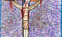 Christ on Cross with Hands Bleeding, Halo, Sun in Sky and &#039;King&#039; Inscribed on Sign Above Head