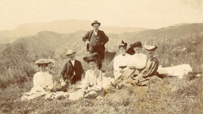 Untitled (Five Women and Two Men Wearing Hats in a Field)